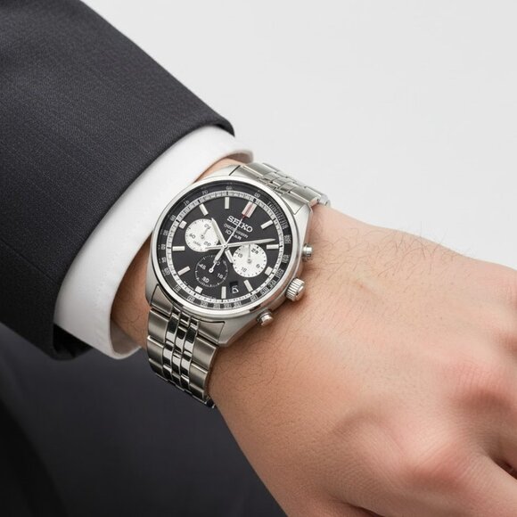 NWT Authentic Seiko Chronograph Quartz Black Dial Men's Watch